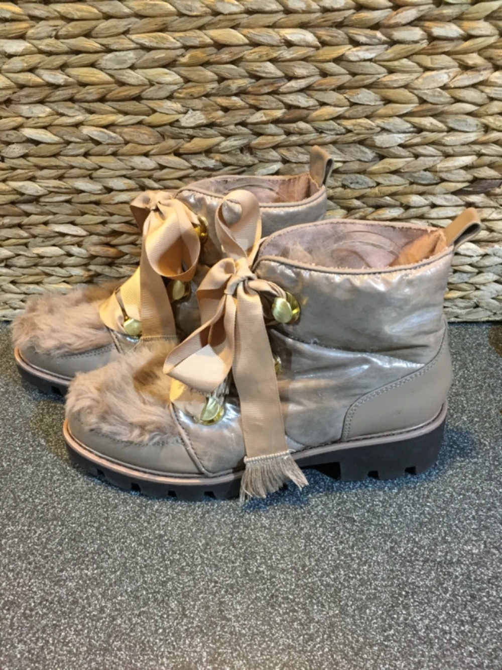 Kelsi Dagger Taupe Faux Fur Ribbon Ankle Booties - Picture 10 of 14